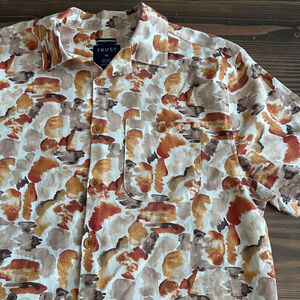 TRUST Men's M Beige Brown Abstract Print Short Sleeve Casual Button Down Shirt